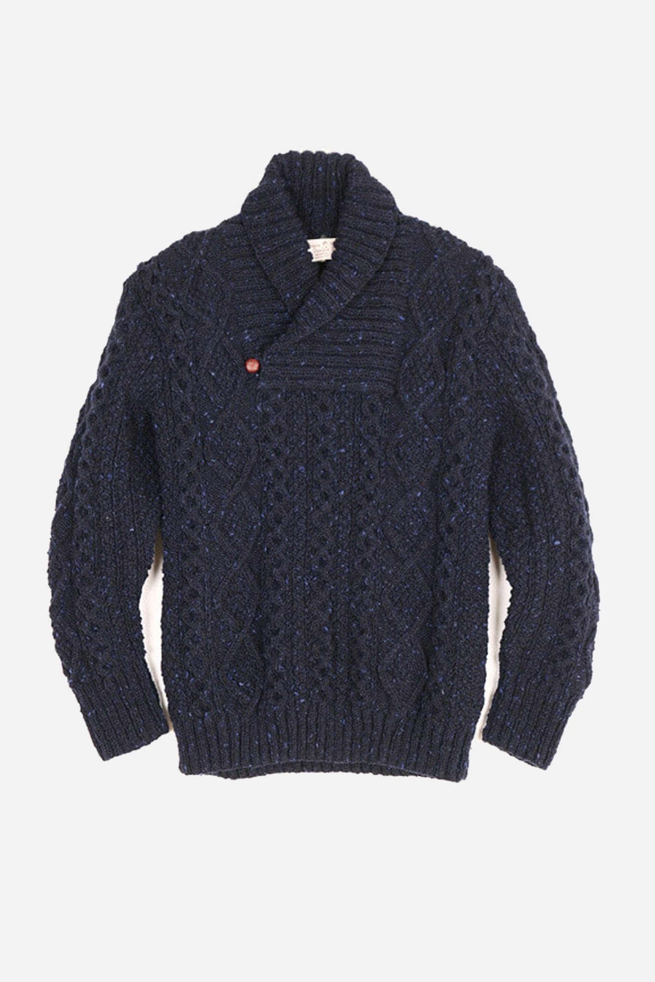 ATHENA DESIGNS Aran Hand Knit Shawl Collar Pollover Sweater Navy Mix